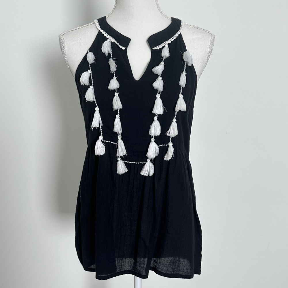 THML Black Top with White Tassel Accents